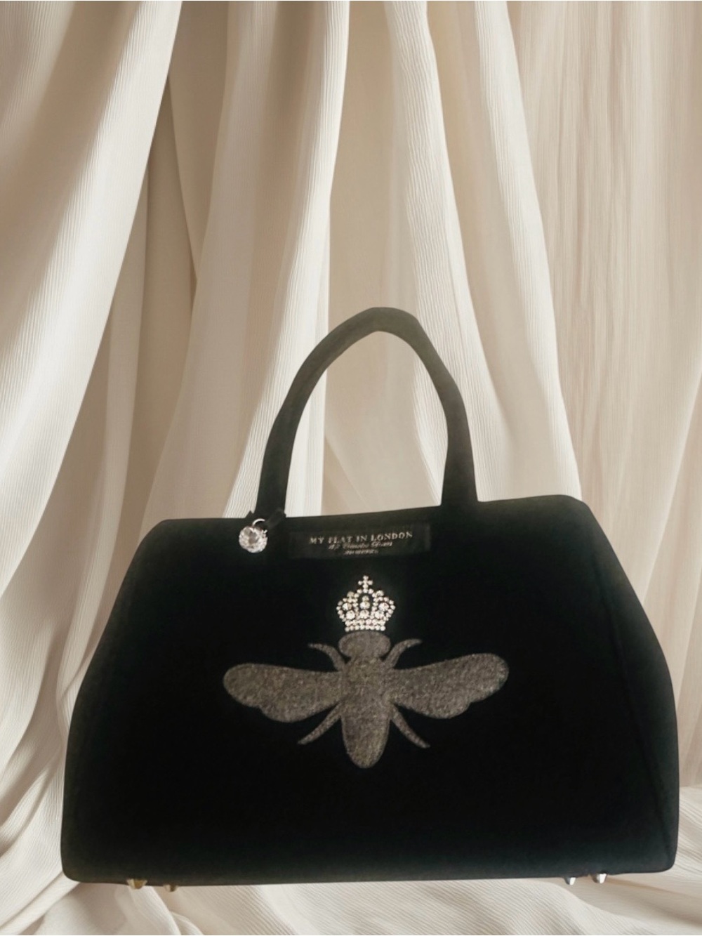 My Flat in London Black Velvet Tote with Embellished Bee